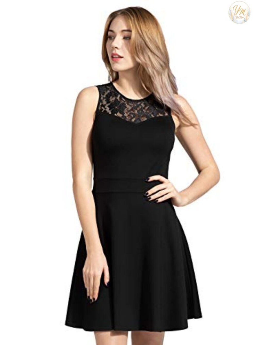 Women's A-Line Pleated Sleeveless Cocktail Dress with Floral Lace